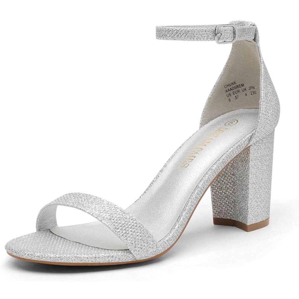 New DREAM PAIRS Women's Chunk Low Heel Pump Sandals, Silver Glitter Size 8